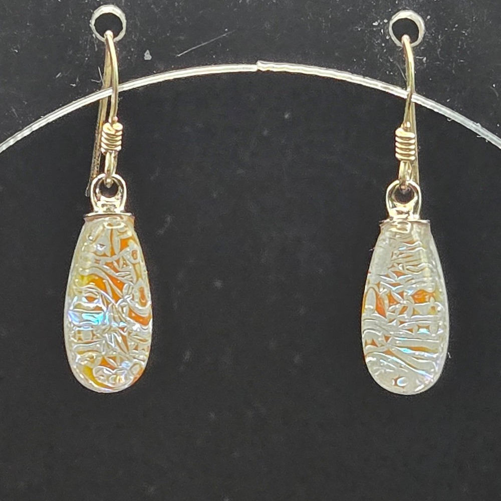 Handmade Dichroic Glass Teardrop Iridescent Drop Earrings 925 Silver Hooks